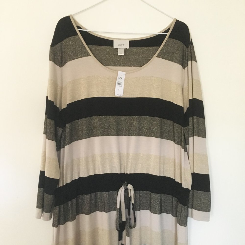 Loft striped black tan midi dress.